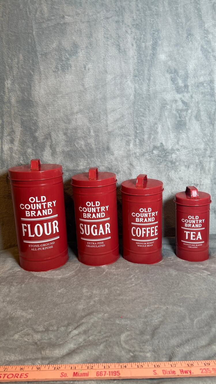 Barnyard Designs Red Metal Canister Set Flour Sugar Coffee Tea Farmhouse